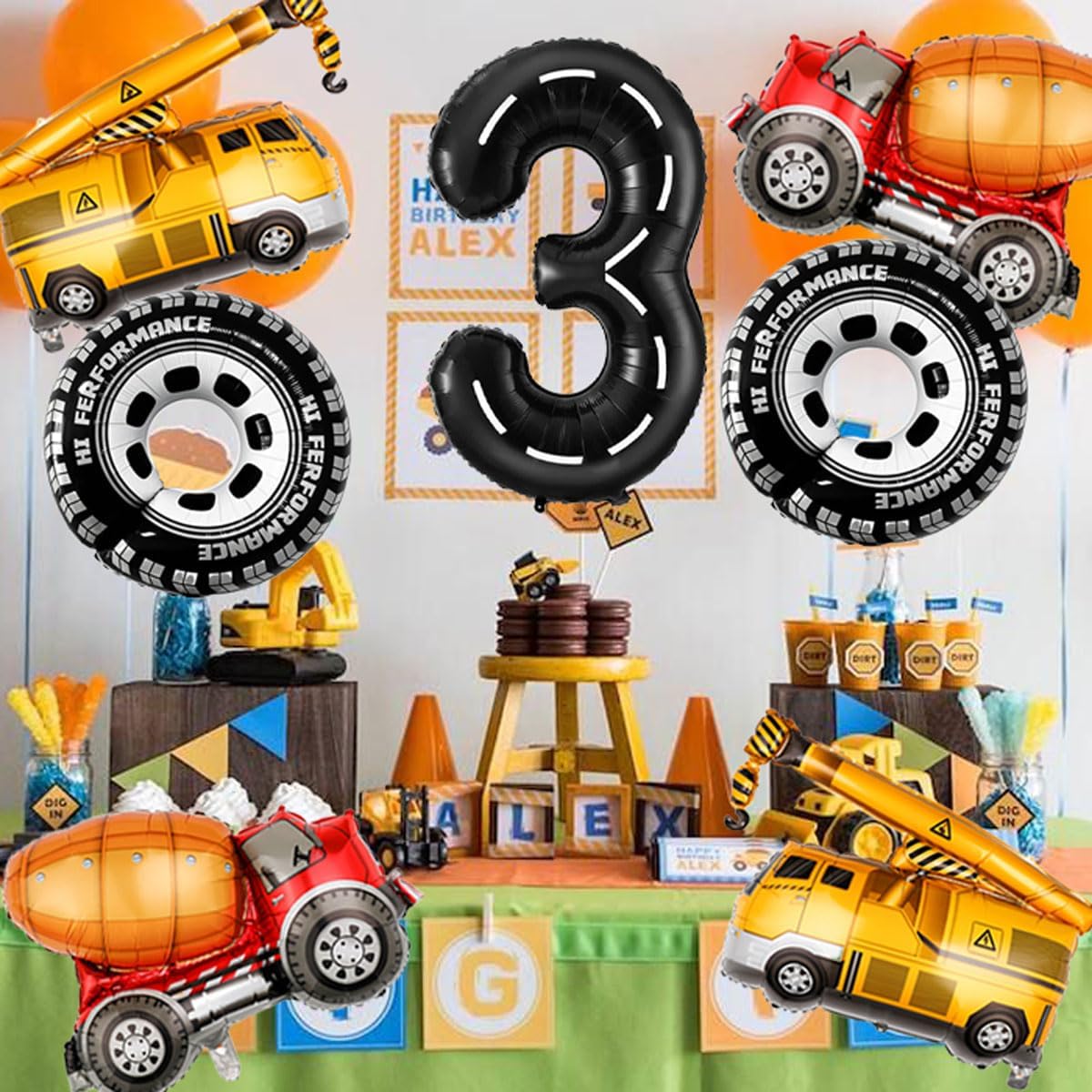 3rd Birthday Decorations for Boys Construction Balloons 40inch Number 3 Balloons Truck Foil Balloon