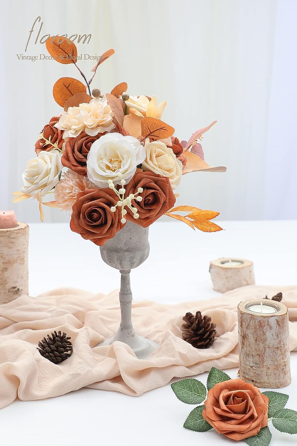 Floroom Artificial Flowers 25pcs Real Looking Burnt Orange Foam Fake Roses with Stems for DIY