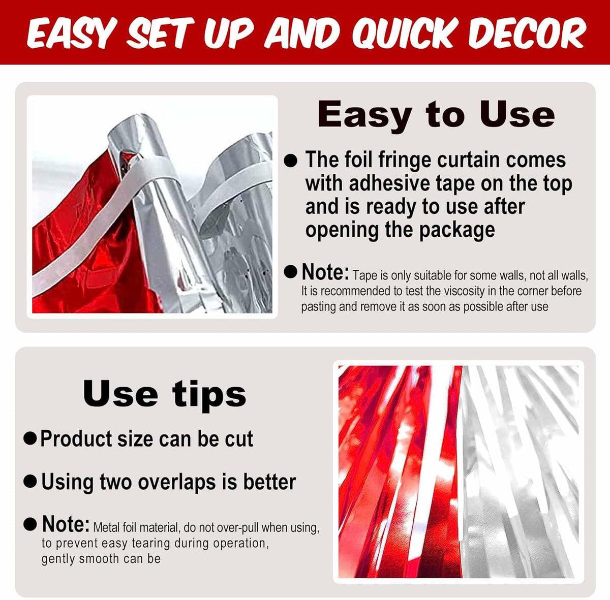3 Pack Red Silver Foil Fringe Curtains Backdrop, 3.28 x 9.8 Ft Metallic Streamers Tinsel Curtains