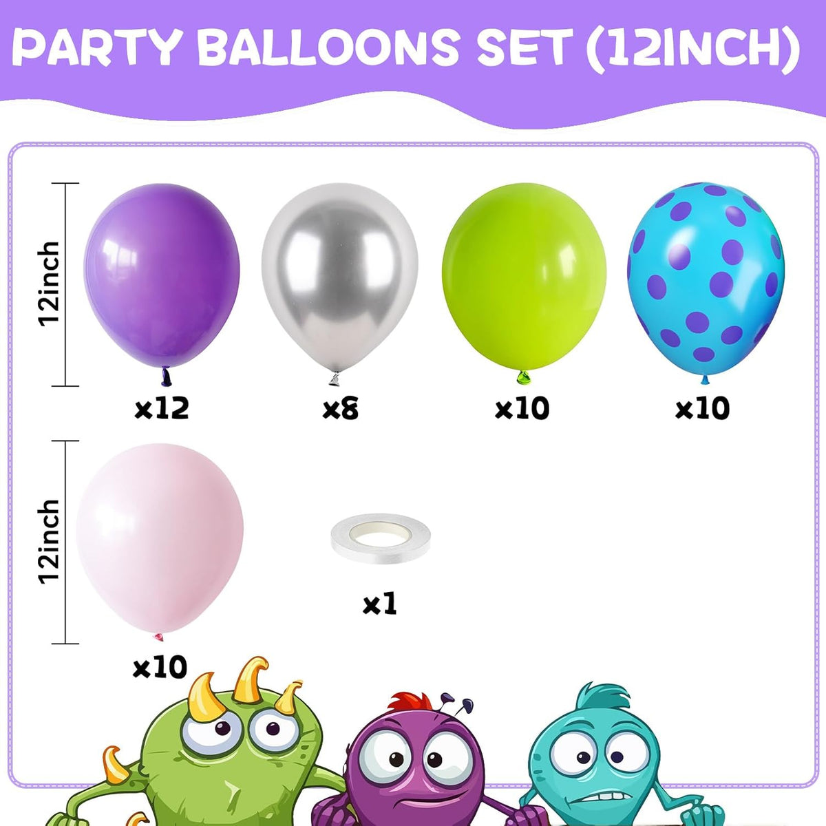Pink Blue Purple Balloons, Pack of 50 12 inch Balloon with Metallic Silver Purple Teal Green