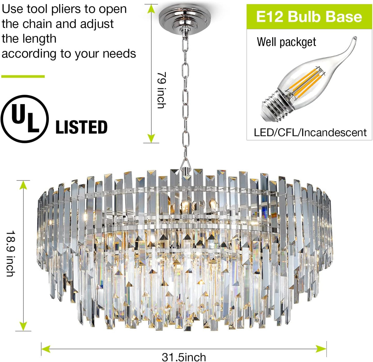 Crystal Chandelier Lighting 31'' for Dining Rooms Bedroom Foyer Entryway Ceiling Hanging Pendant