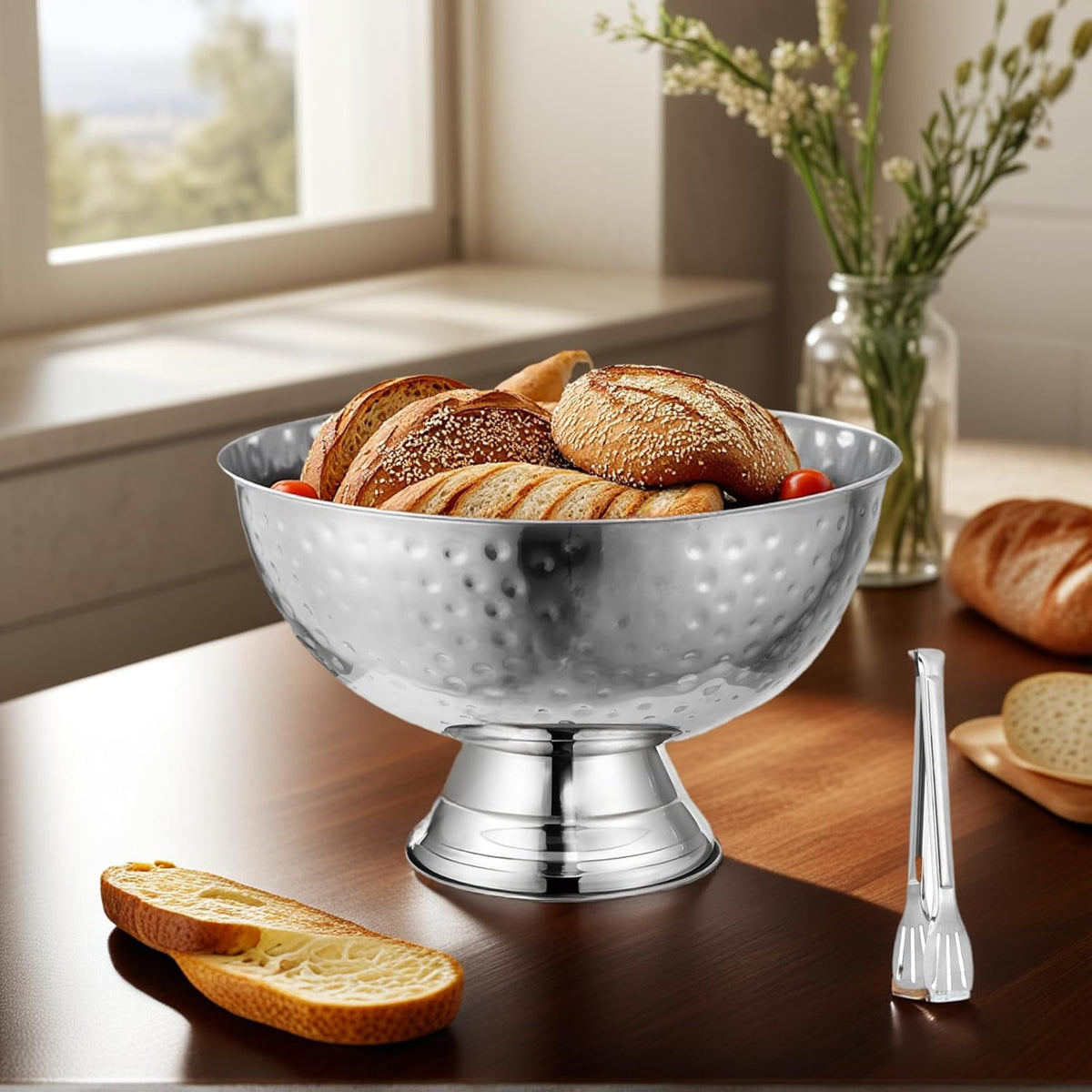 12L Hammered Large Ice Bucket for Parties - 16"x16"x10" Huge Punch Bowl with Ladle - Stainless