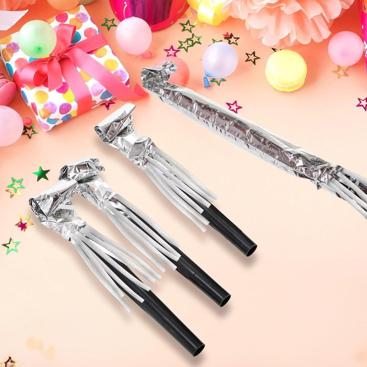 60 Packs Silver Noise Makers, Metallic Fringed Party Blowers, Horns Musical Blowouts Whistles for