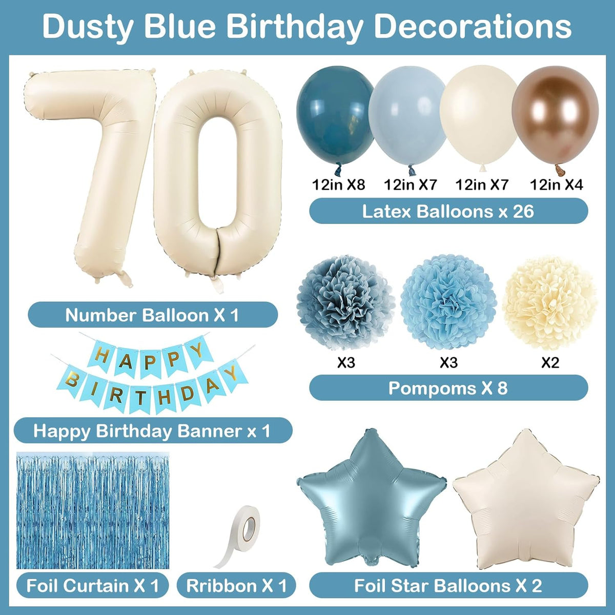 Dusty Blue 70th Birthday Party Decorations for Women Men Beige Cream Number 70 Balloon with Blue