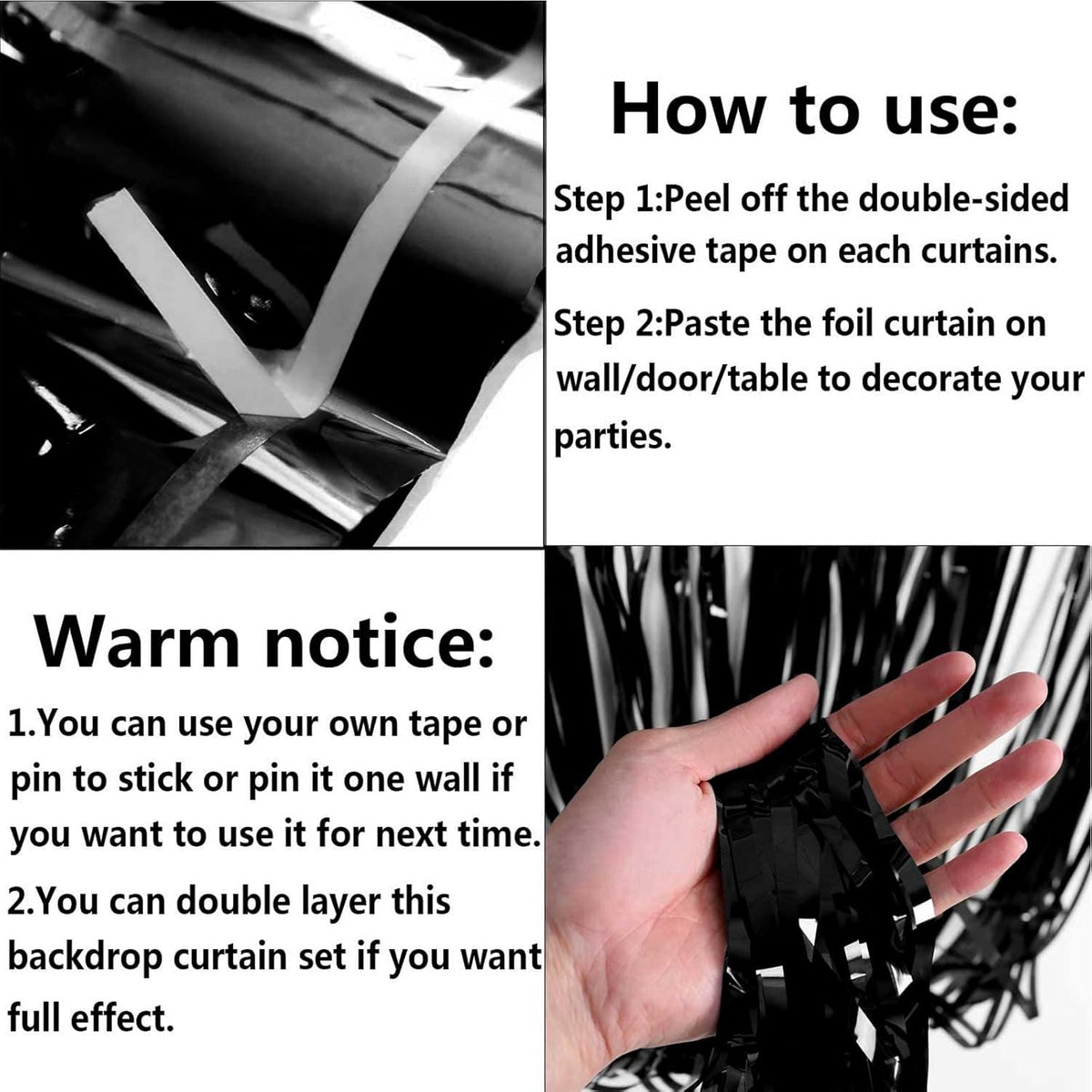 4 Pack Black Foil Fringe Curtain Backdrop, 3.28Ft x 8.2Ft Metallic Tinsel Streamers Curtains for