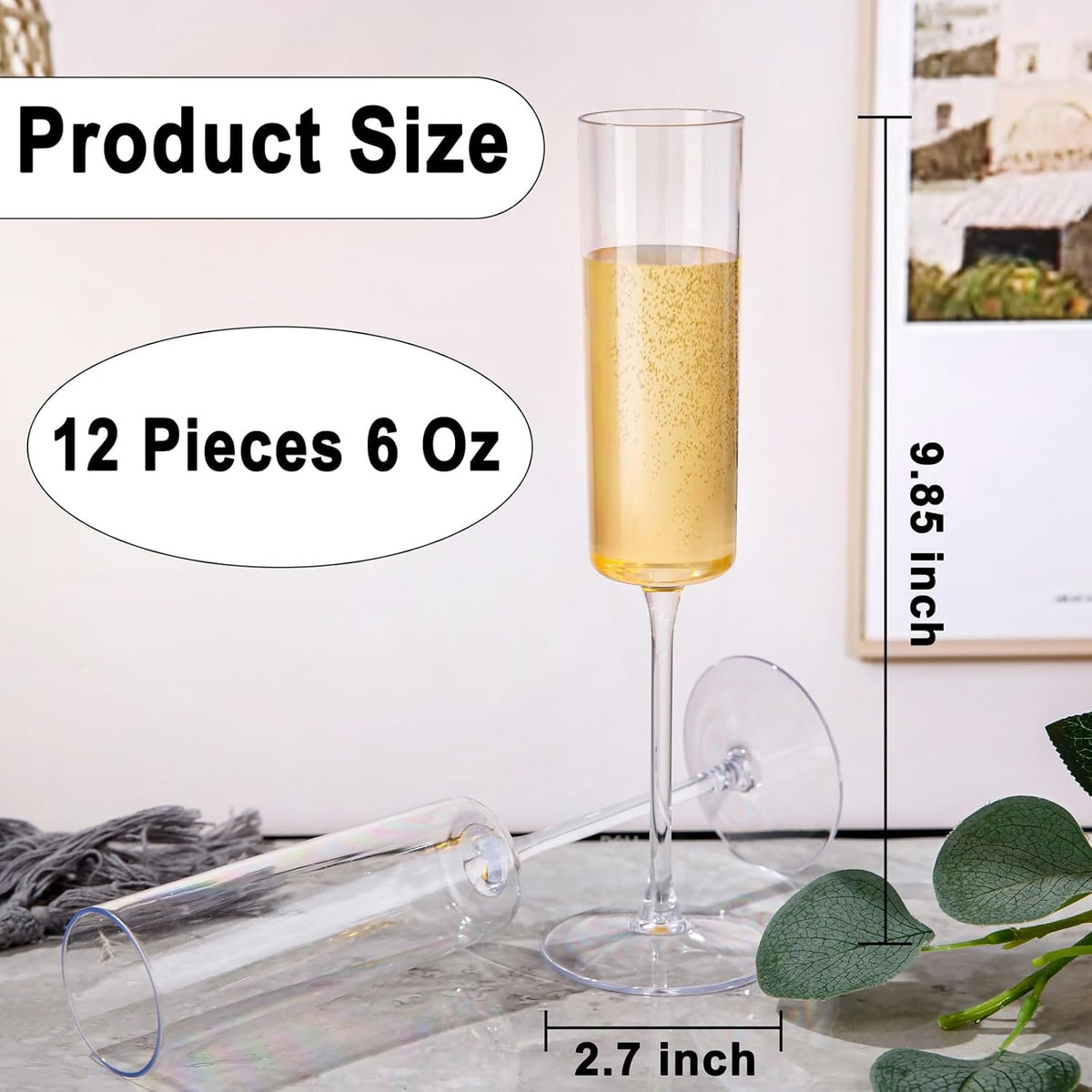 Ciaell 12 Pack Plastic Champagne Flutes - 6 Oz Clear Disposable Champagne Glasses - Square Plastic