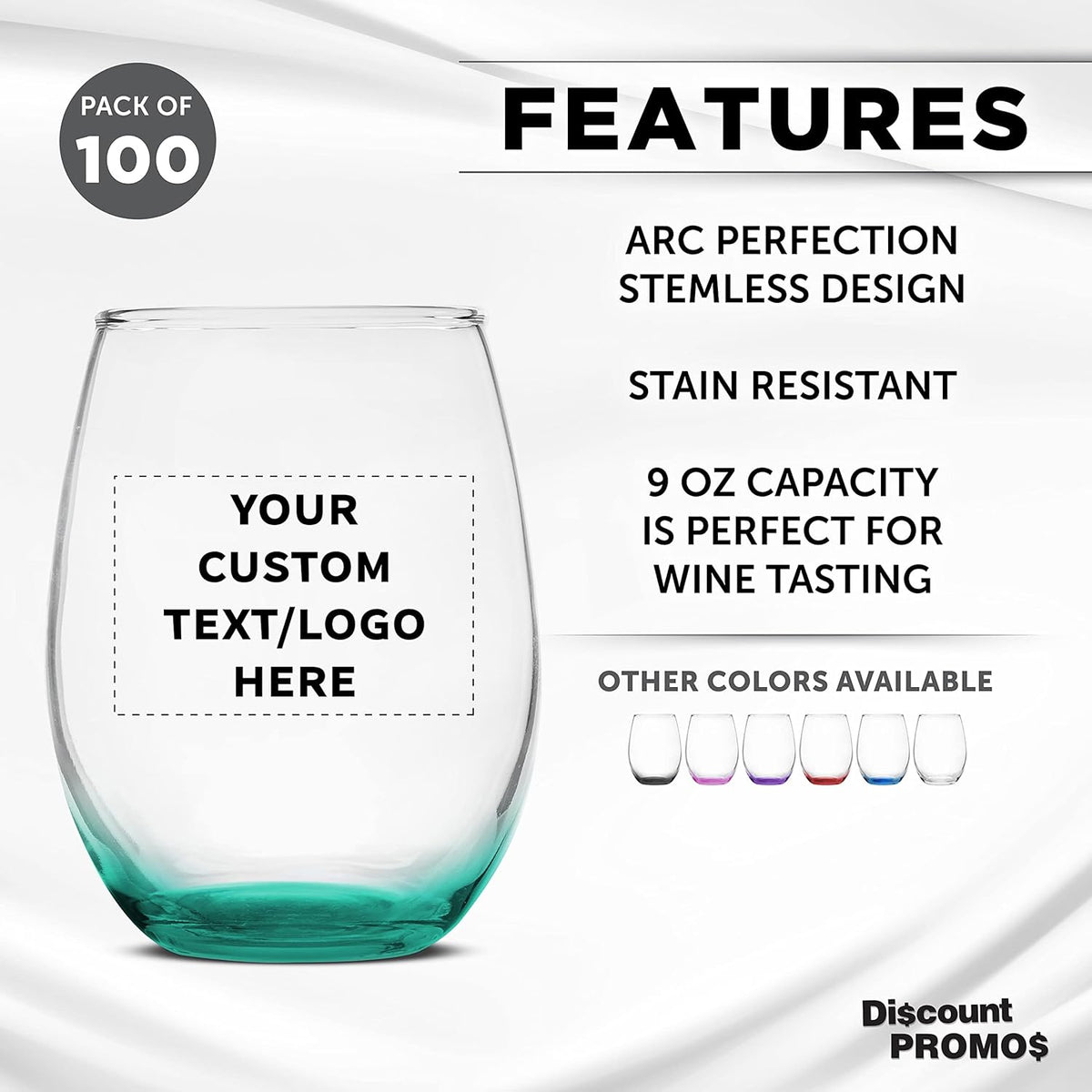 Custom Stemless Wine Glass 9 oz. Set of 100, Personalized Bulk Pack - Great for Wedding Favors