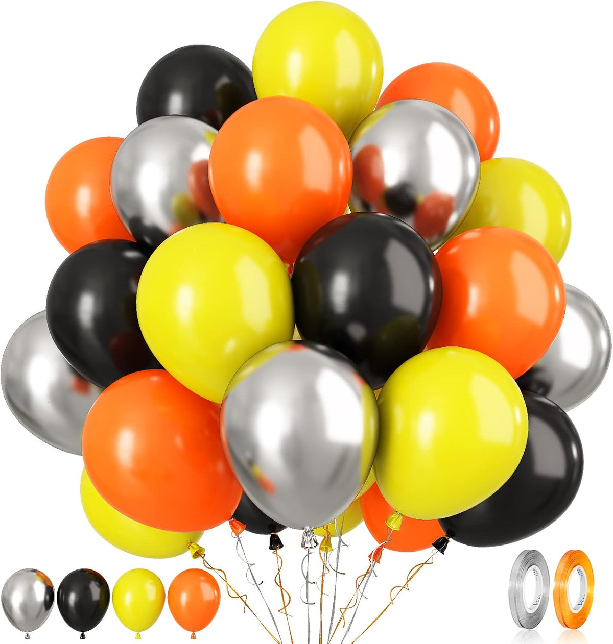 Paready Black Orange Yellow Balloons, 60 Pcs 12 Inch Orange Black Yellow and Metallic Silver
