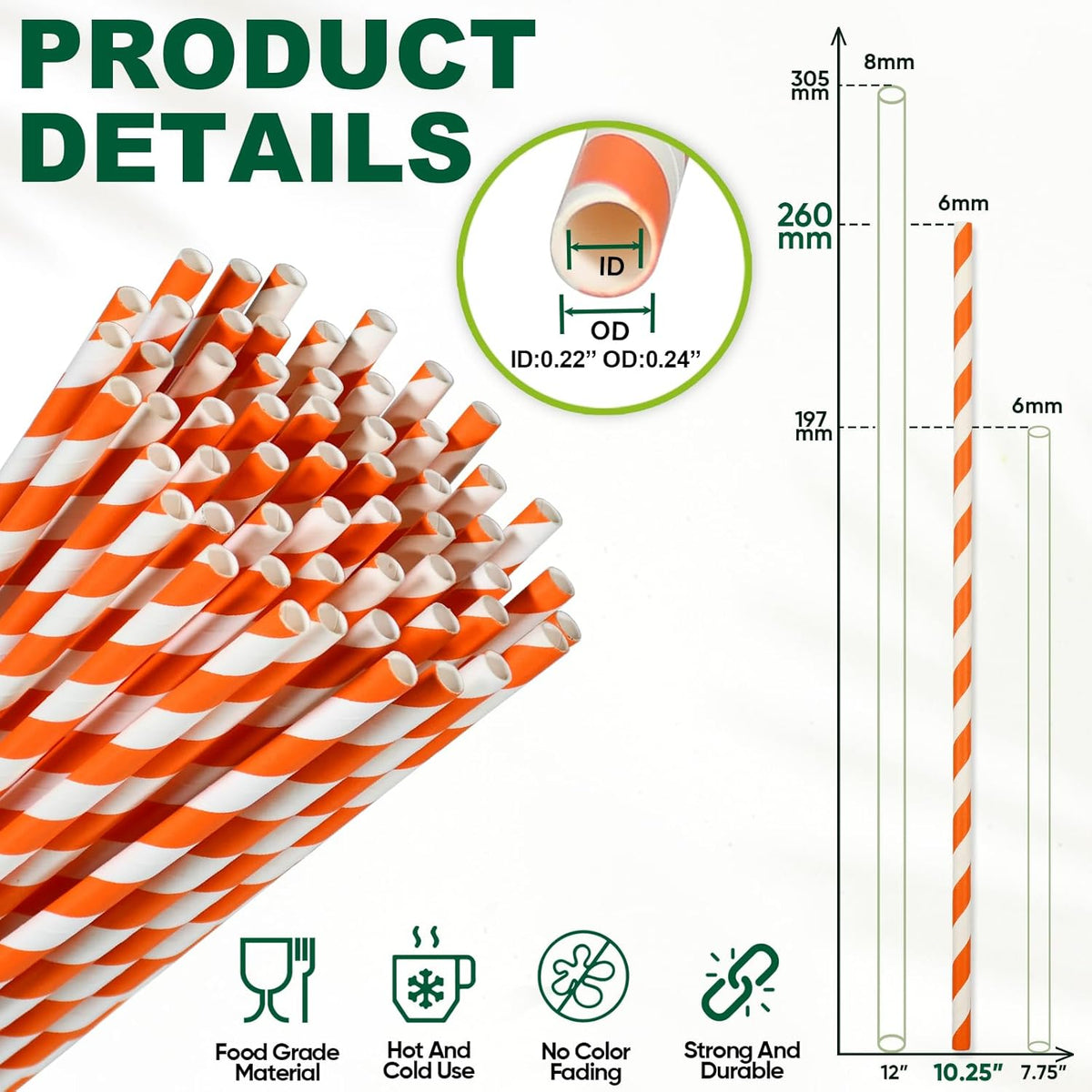 Orange Striped Paper Drinking Straws, 10.25 Inch Long, 100 Counts - for Tall Drinks, Halloween