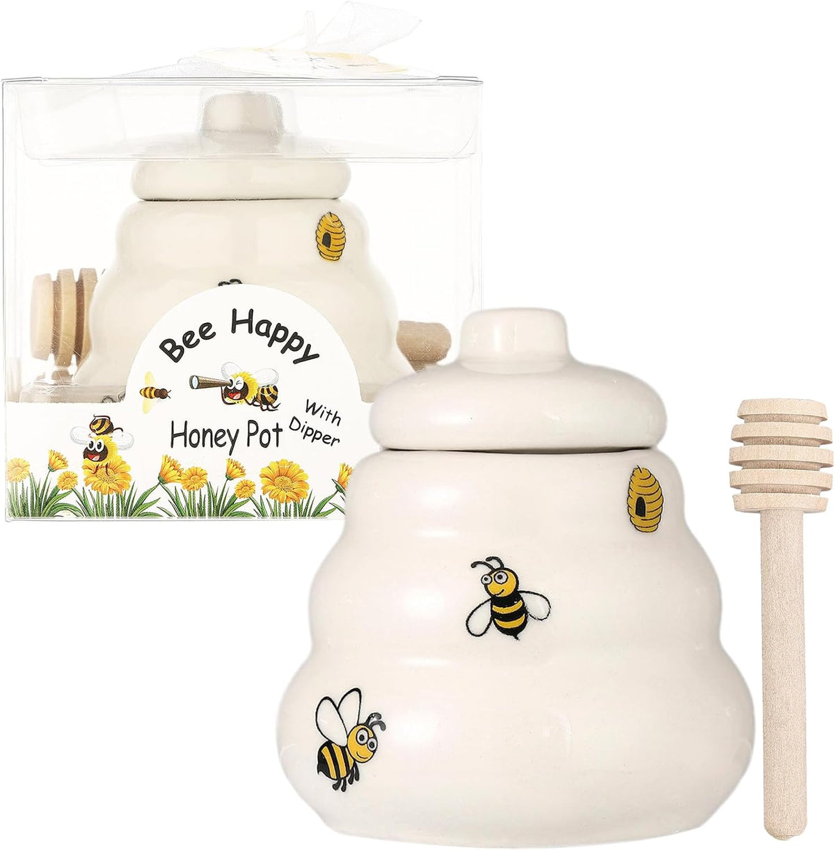 12 Sets Ceramic Bee-Happy Honey Pot with Dipper，Honey Jar Serving Set with Exquisiting Package for