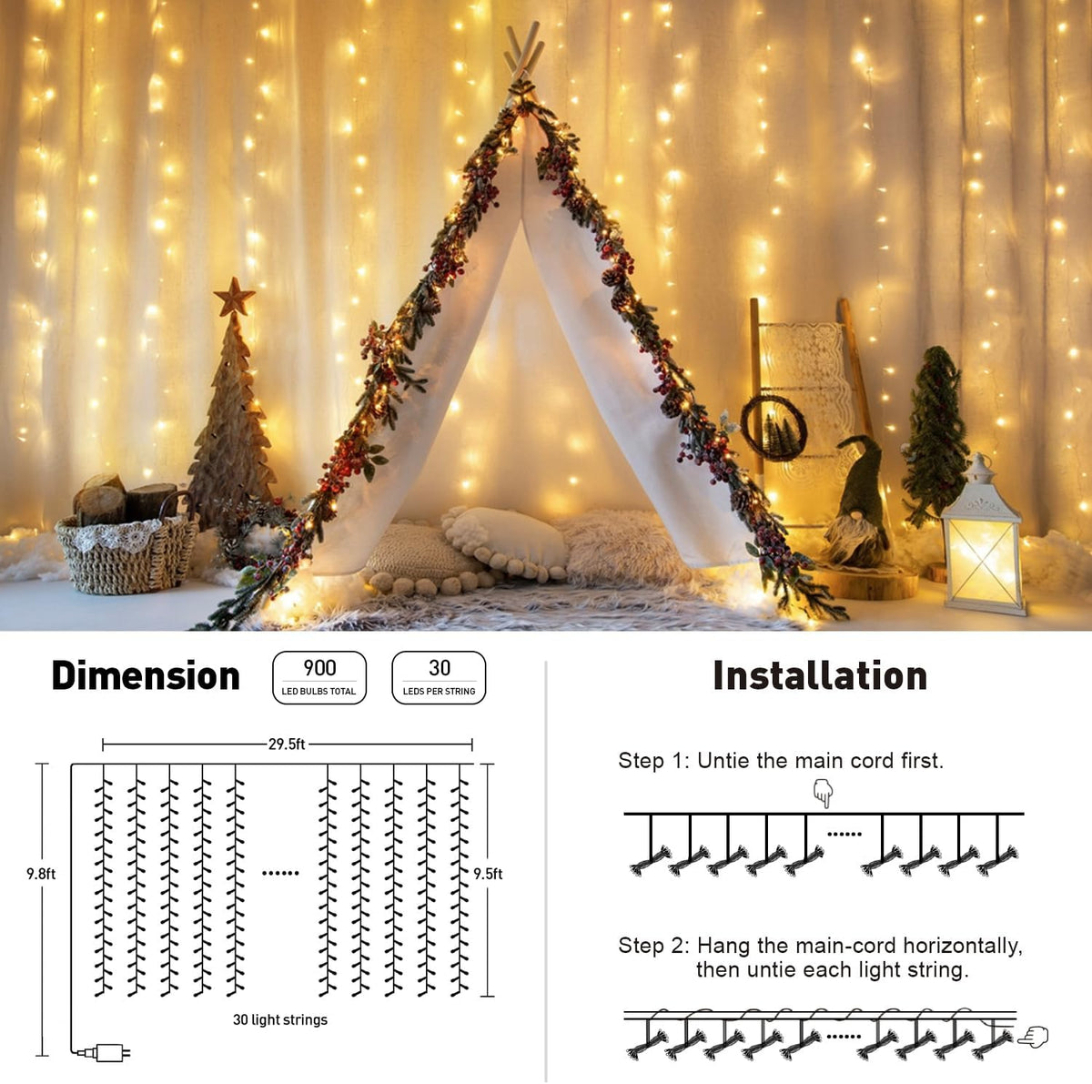 JMEXSUSS 900 LED Outdoor Christmas Curtain Lights, 9.5x29.5ft Christmas Lights Plug in with Remote