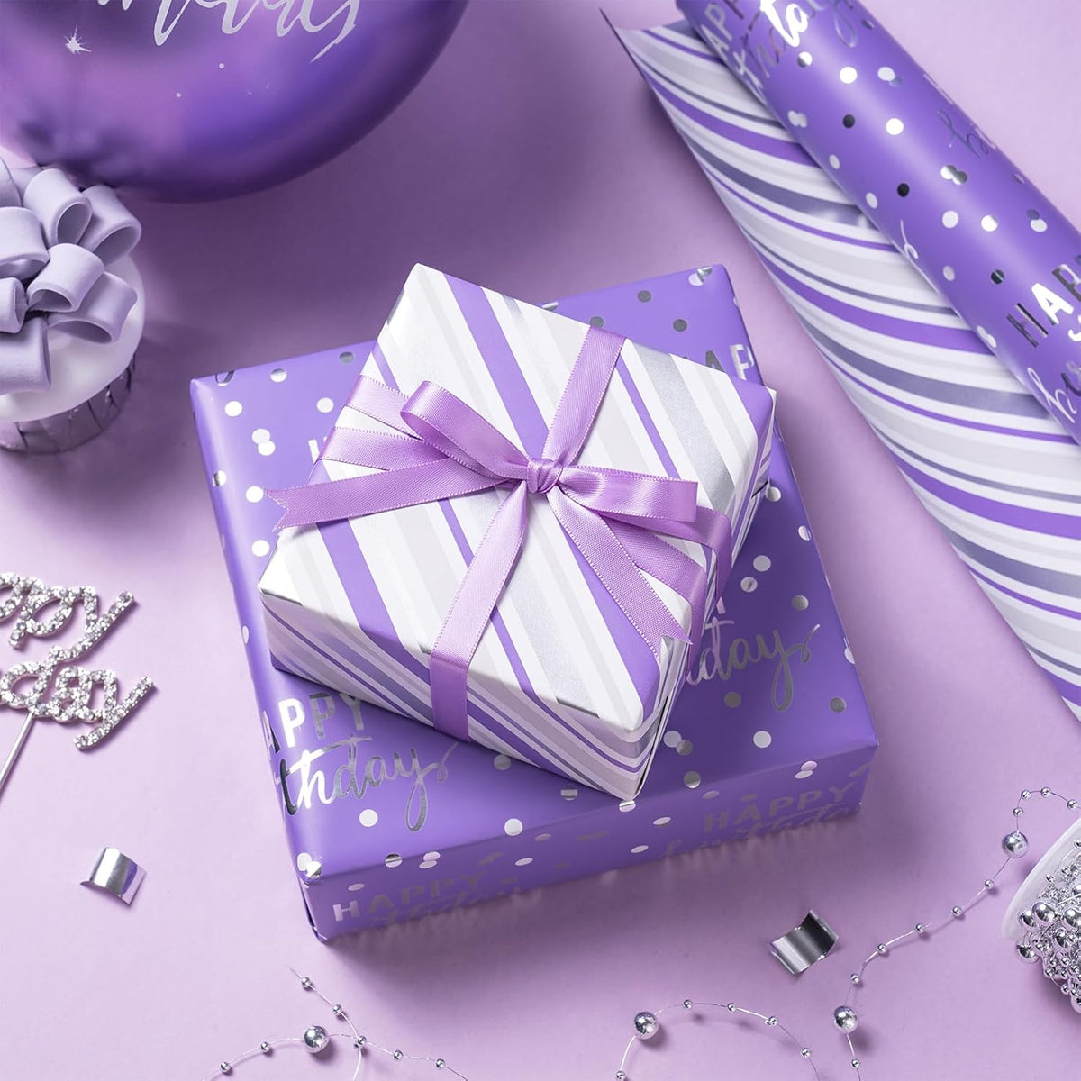 LeZakaa Reversible Purple Birthday Wrapping Paper Roll for Girls Women, Happy Birthday Lettering &