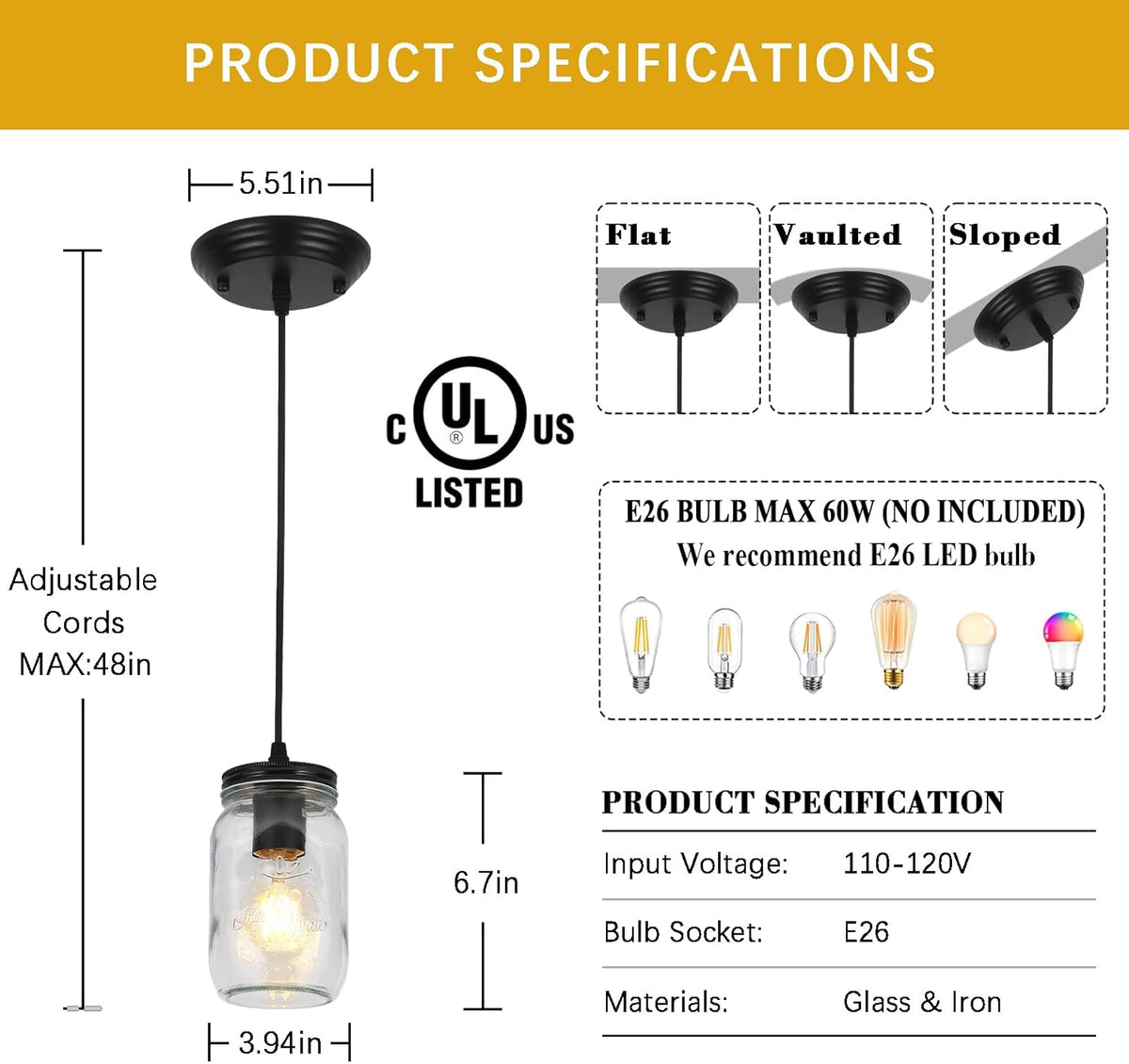 Black Pendant Lights, 2 Pack Clear Glass Pendant Lights Kitchen Island, Farmhouse Mason Jar Pendant