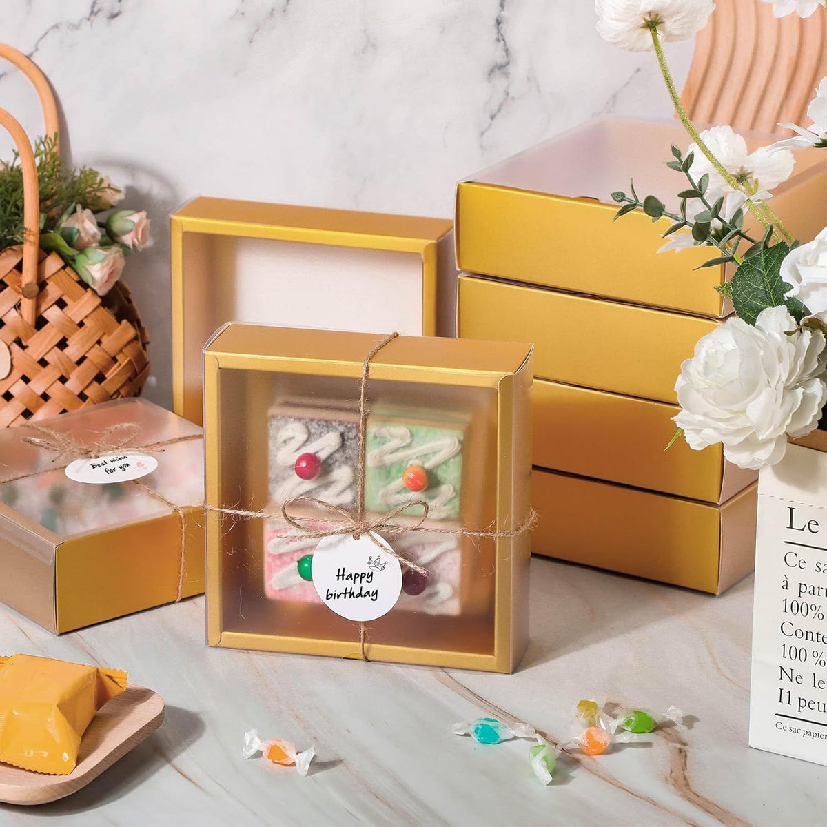 Roowest 50 Sets Kraft Soap Boxes Rectangle Packaging Box with Window Homemade Gift Box with Blank