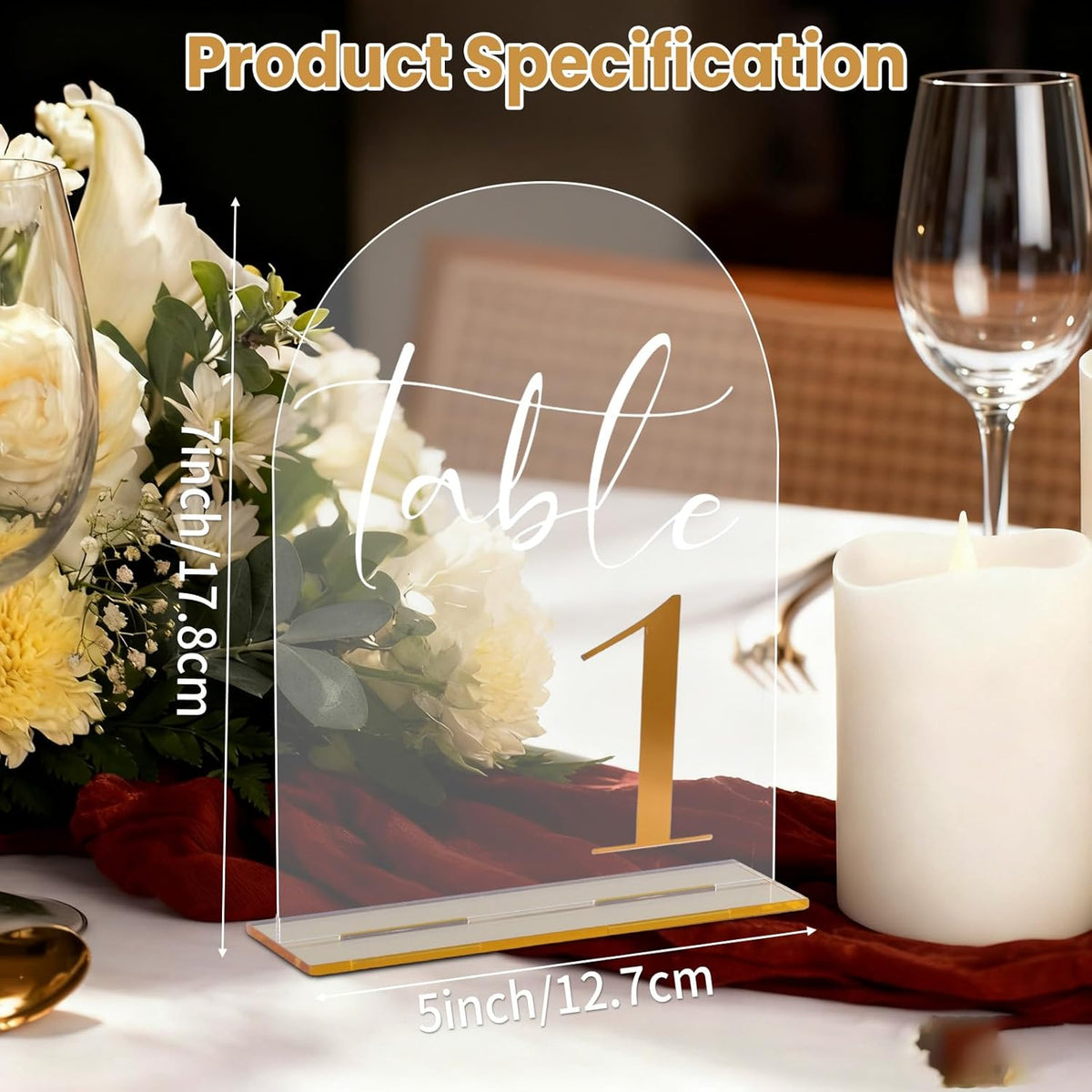 Wedding Table Numbers 1-20 with Stands, 5” x 7” Elegant Acrylic Display Signs with Golden Text