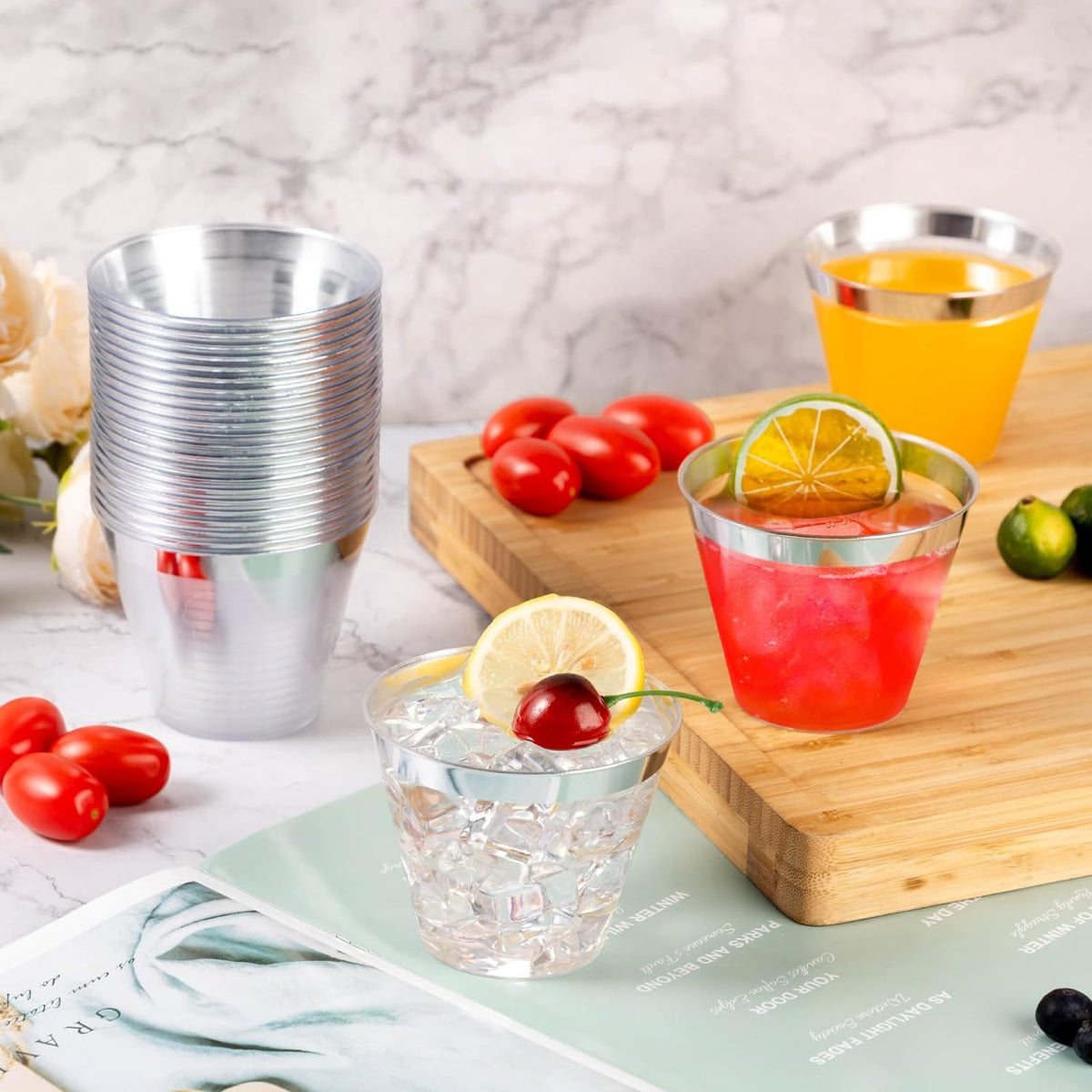 Goodluck 50PCS 9oz Plastic Cups for Party, Disposable Silver Plastic Cups, Cocktail Glasses for