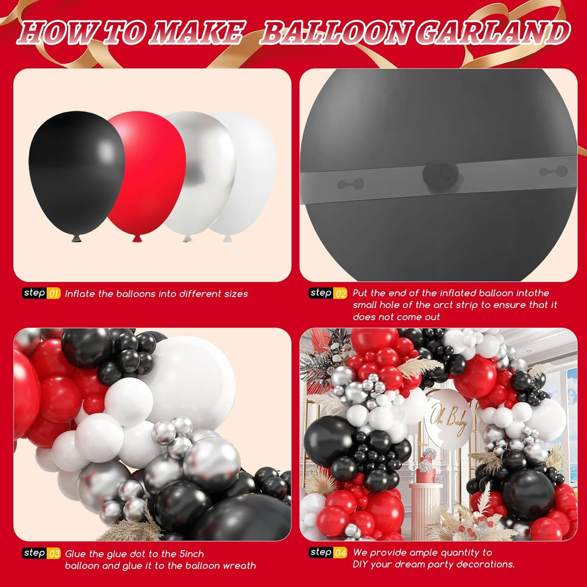 412Pcs Red Black and White Balloon Garland Arch Kit,18 12 10 5 Inch Different Size Red Black White