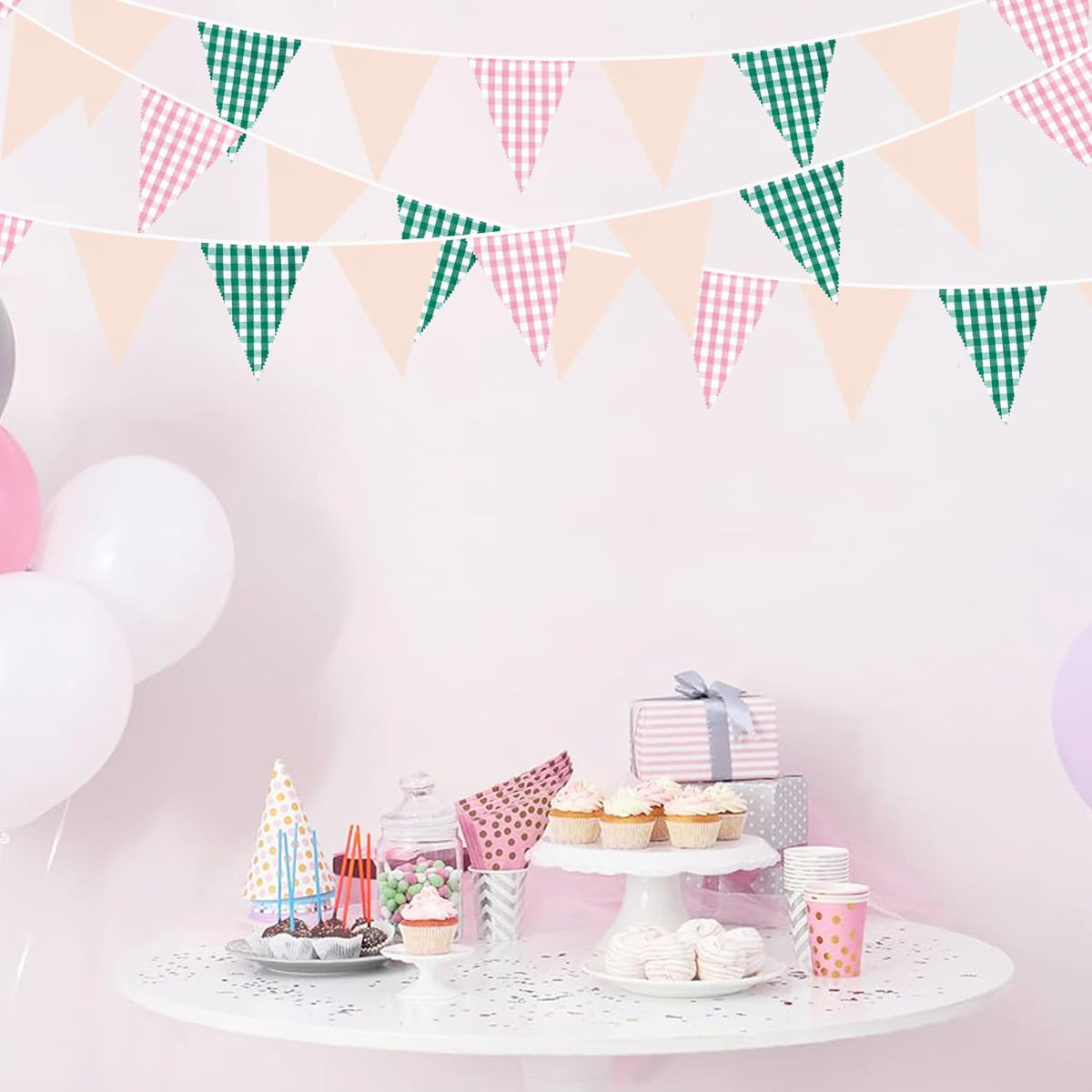 32Ft Pink Green Gingham Camp Bride Banner Green Pink Plaid Checkered Fabric Triangle Flag Pennant