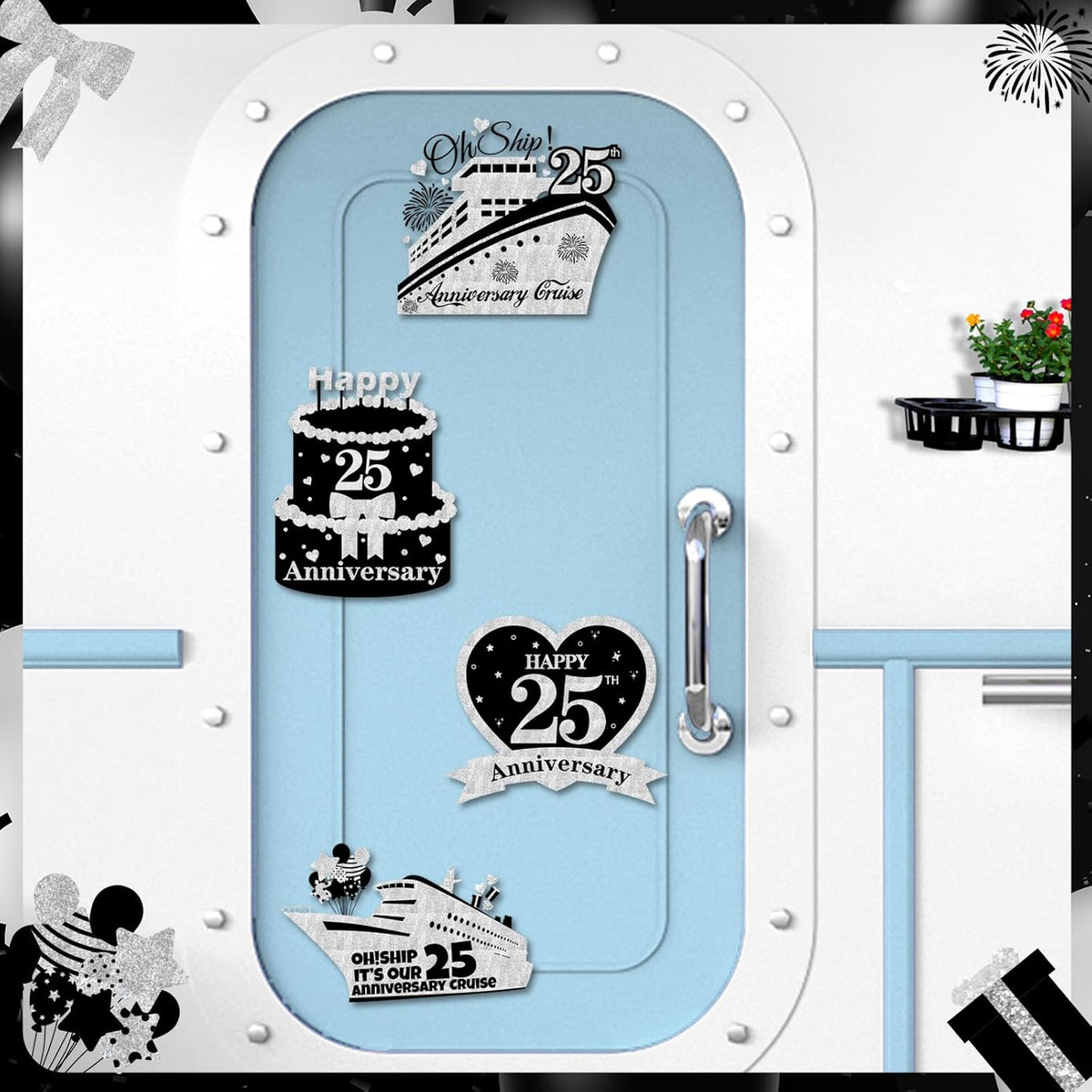 4 PCS Large 25th Anniversary Cruise Door Magnets Decorations Happy 25th Anniversary Cruise Ship