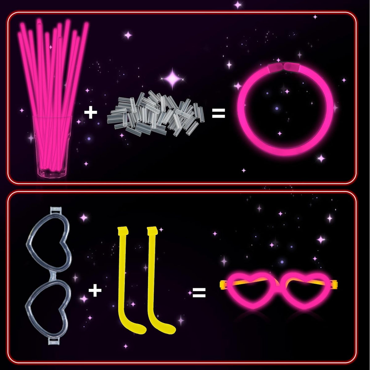 60 Pack 8” Pink Glow Sticks Bulk Bright Glow Sticks with 60 Connectors 20 Heart Glasses Glow In The