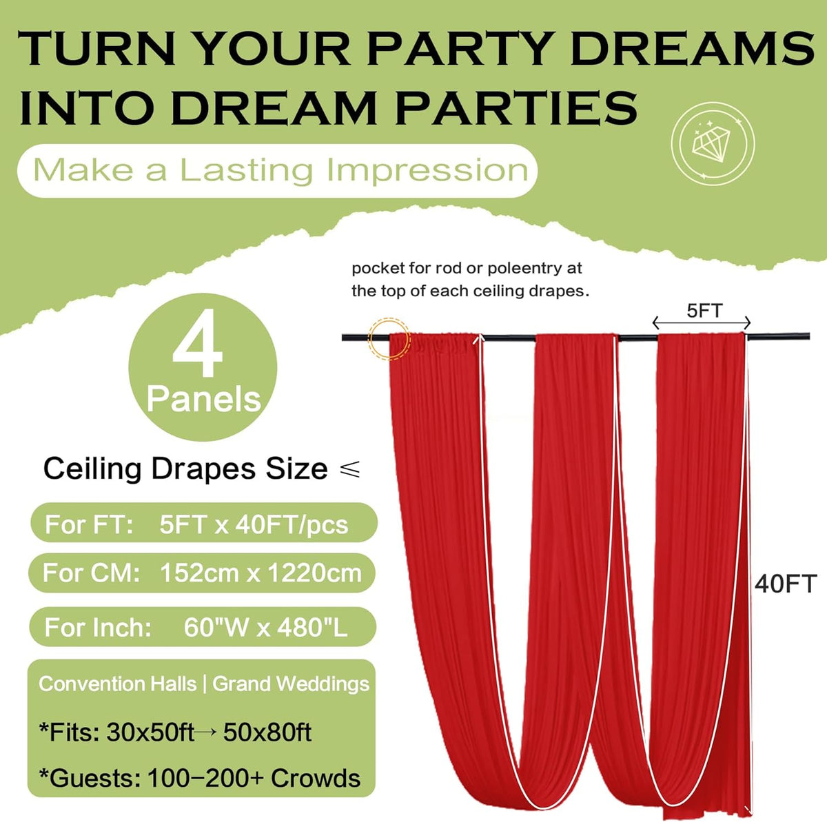 PartyVillage 20ftx40ft Red Ceiling Curtain for Wedding Parties – 4 Panels Wrinkle-Free 40 FT Long