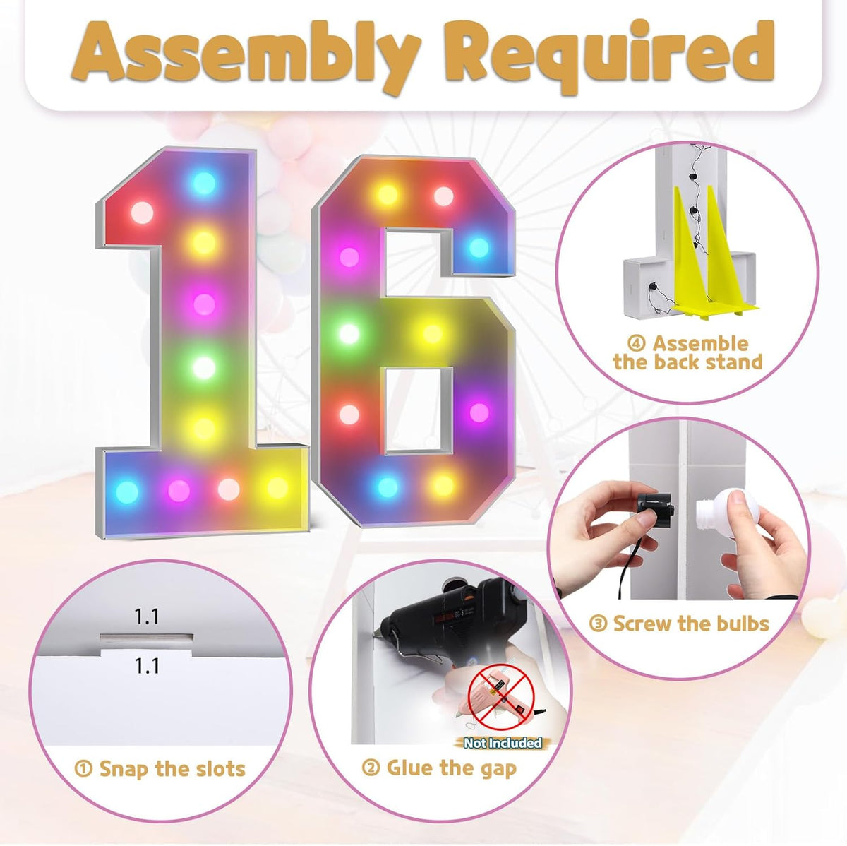 Marquee Numbers Colorful 16th-Birthday Decoration: 4FT Large Light Up Sweet 16 Year Old Birthday