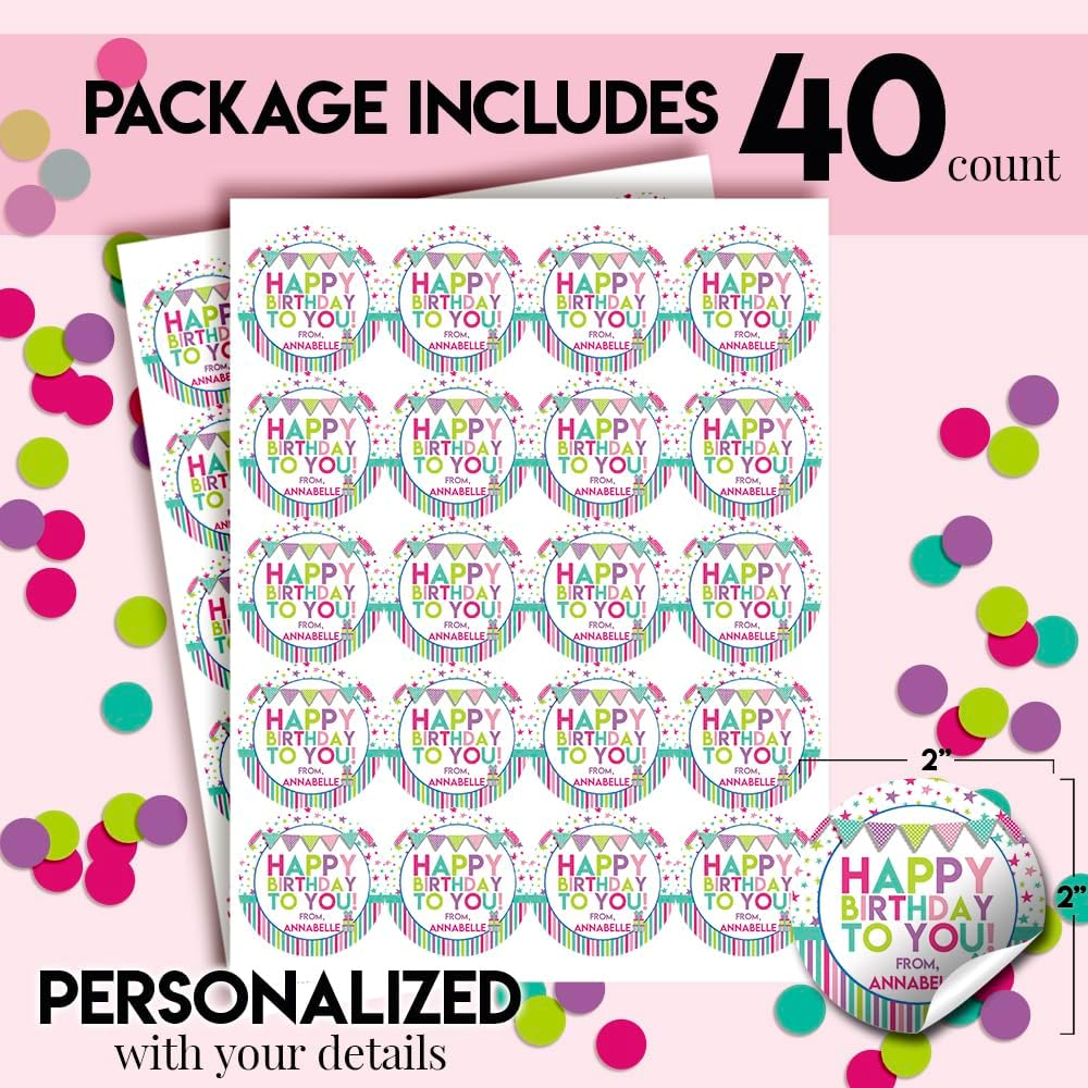 Custom & Personalized Happy Birthday to You Gift Tag Sticker Labels in Pastel Colors for Girls, 40