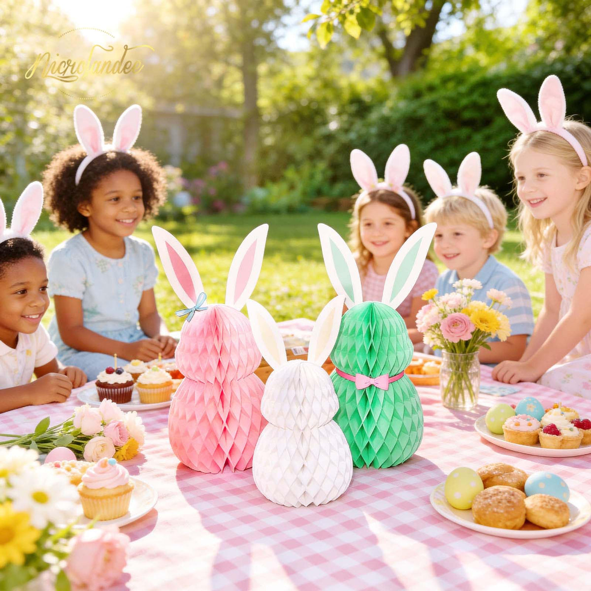 NICROLANDEE Easter Decorations - 3Pcs Mini Easter Bunny Family Honeycomb DIY Table Centerpiece Set