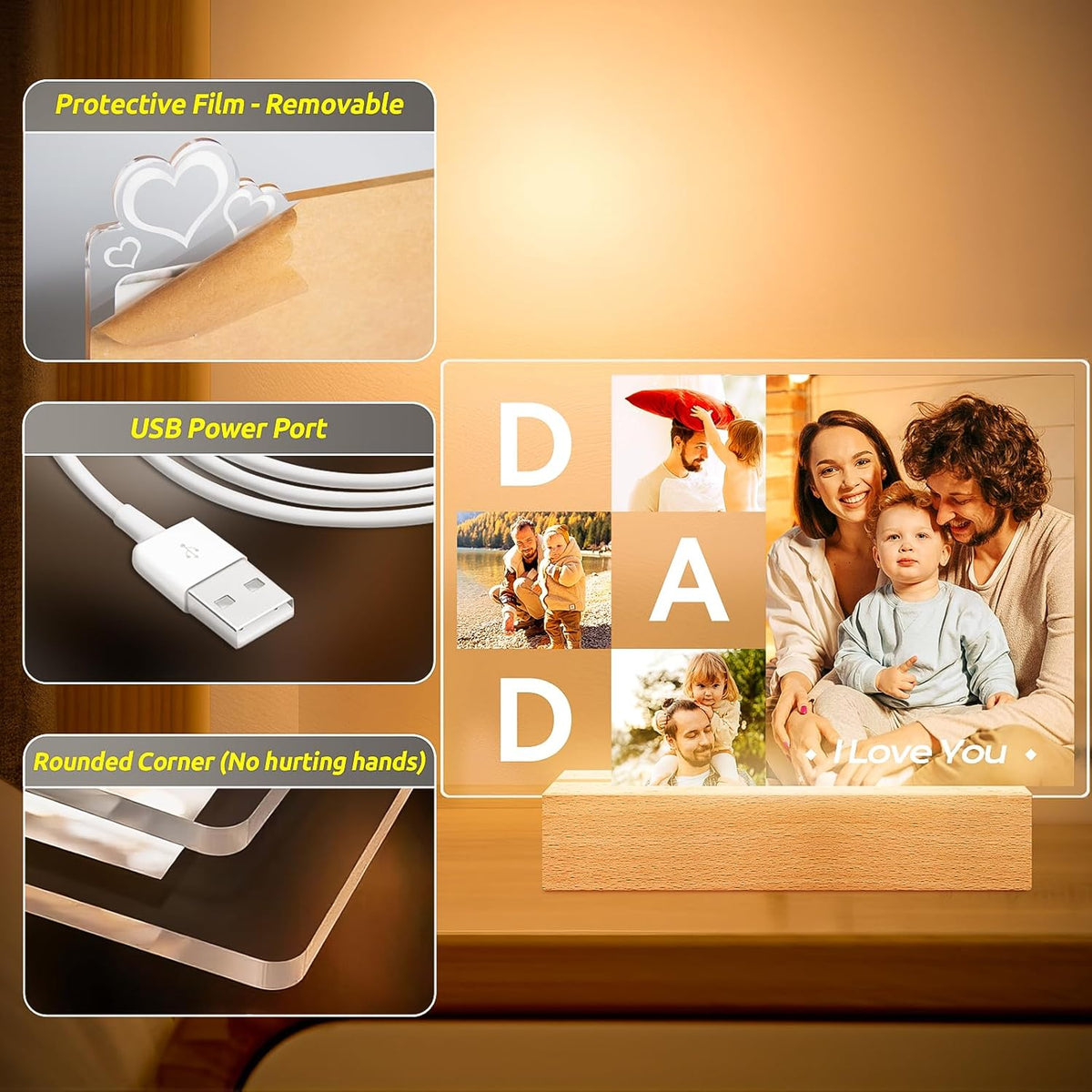 Personalized DAD Picture Frames, Customized Photo Frame with Night Light, Custom Picture Frames