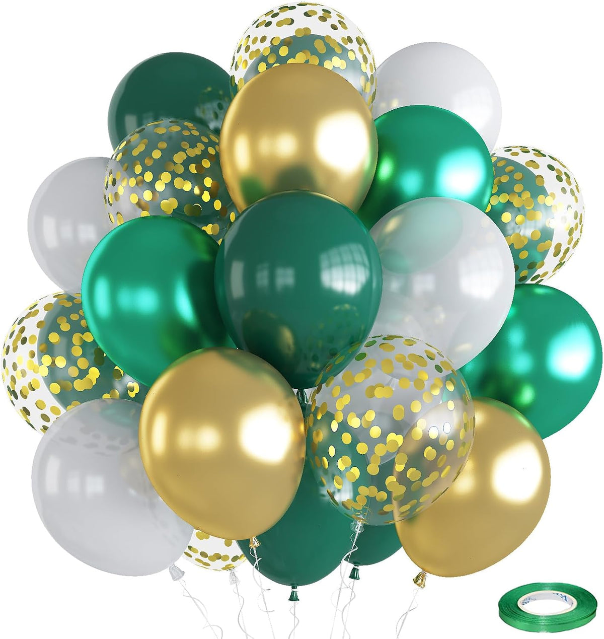 Balloons Green Gold White, 35pcs Dark Green White Metallic Chrome Green Gold Confetti Latex