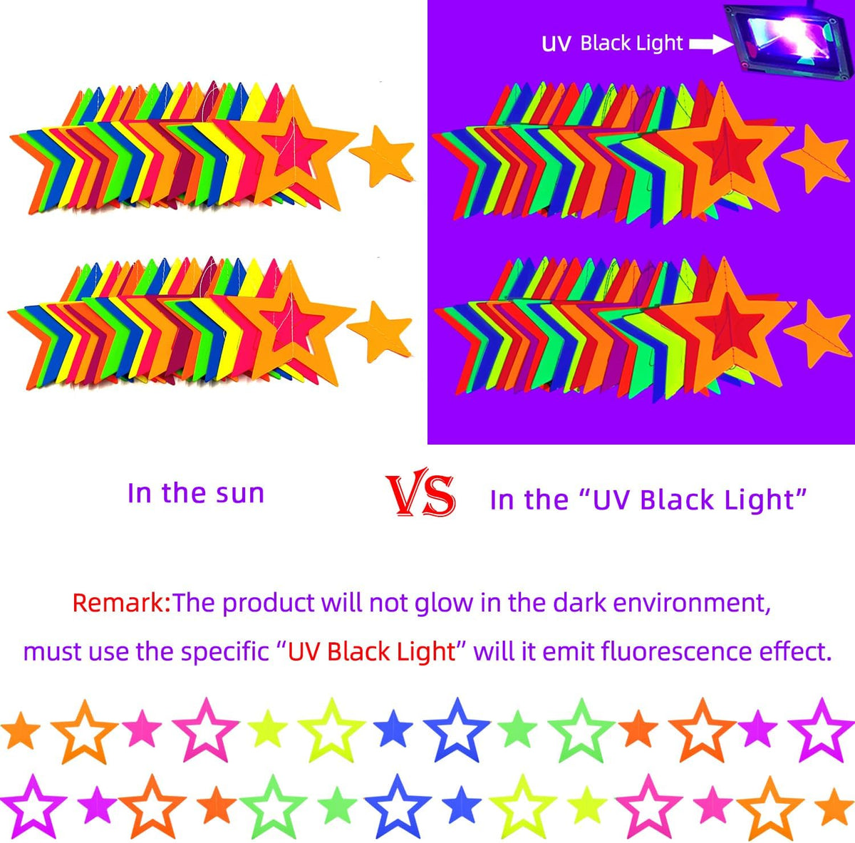 126feet UV Paper Garland Hollowed Star Neon Streamers Black Light Decorations Glow Party UV