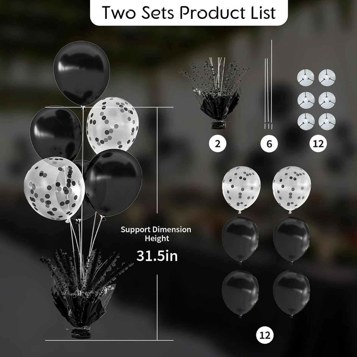 2 Set Black Balloon Table Centerpieces for Birthday Parties, Balloon Stand Kit with Black Balloons
