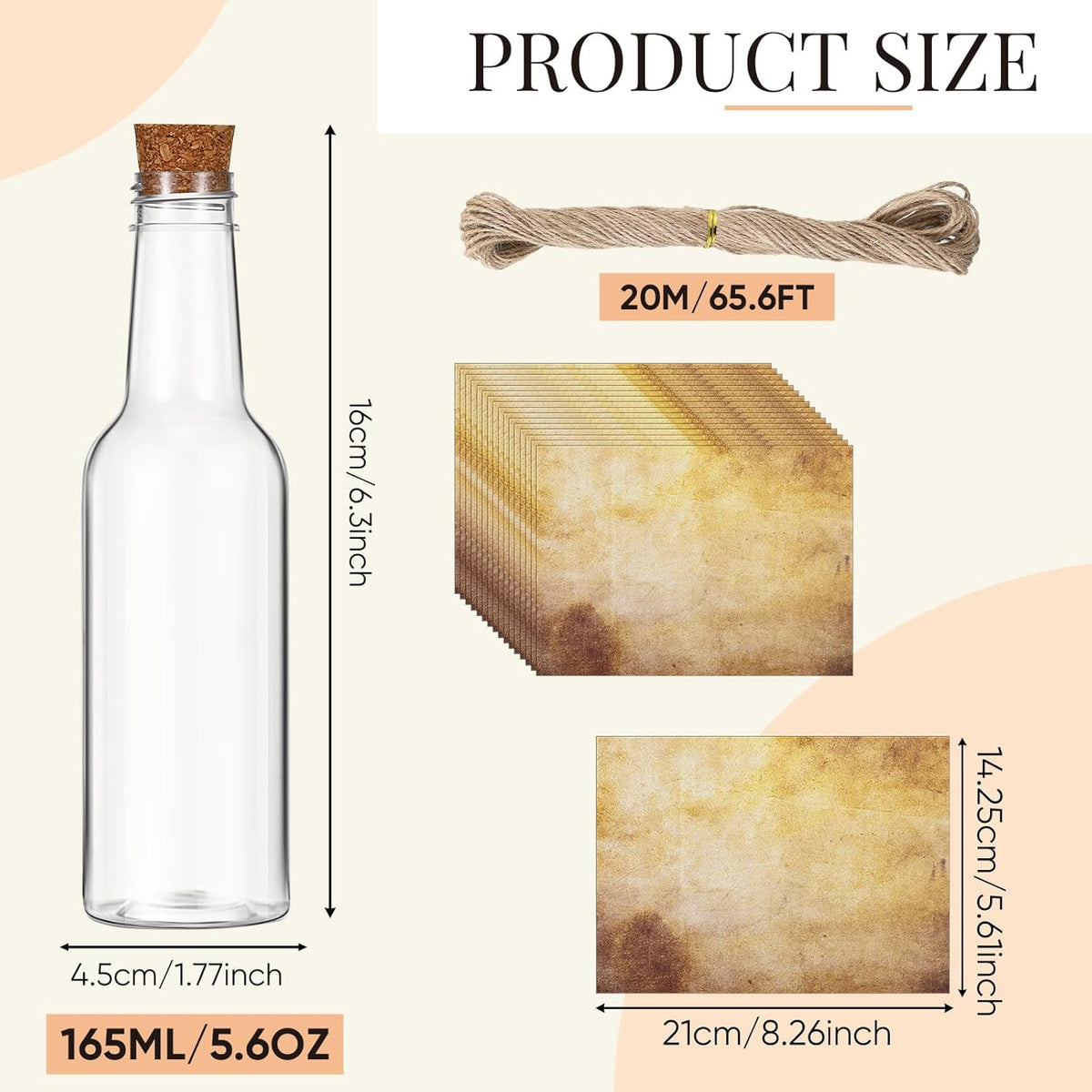 Baderke 12 Pcs 5.6 oz Message Bottles with Letter Printer Paper Plastic Bottles & Corks Twines for