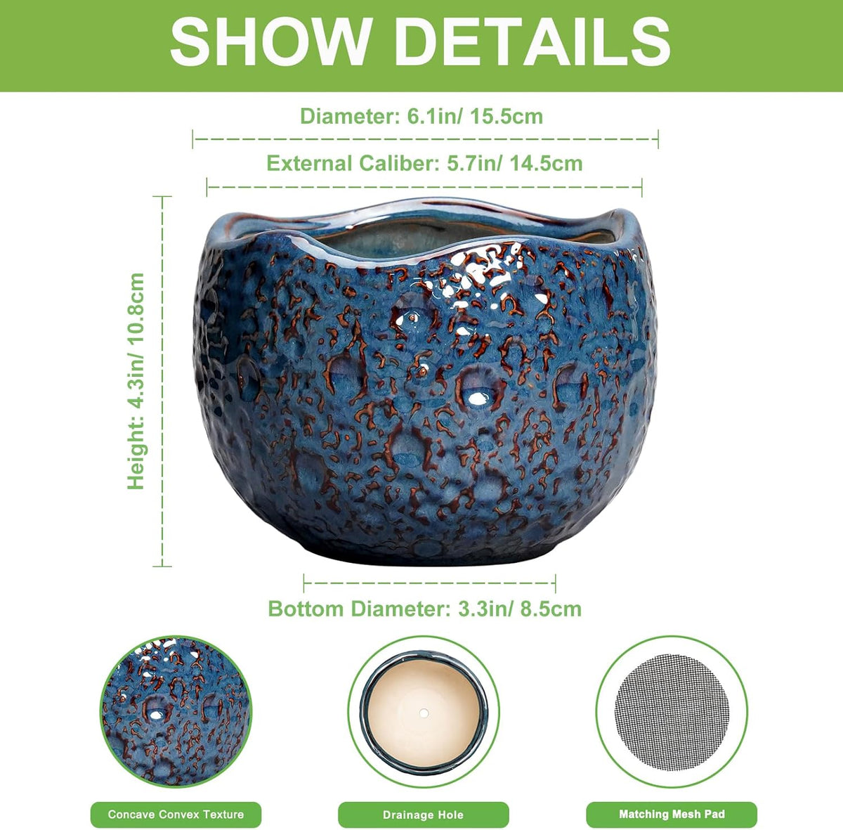 6 Inch Plant Pot - Ceramic Pots for Plants with Drainage Hole, Round Orchid Pot, Unique Planter for