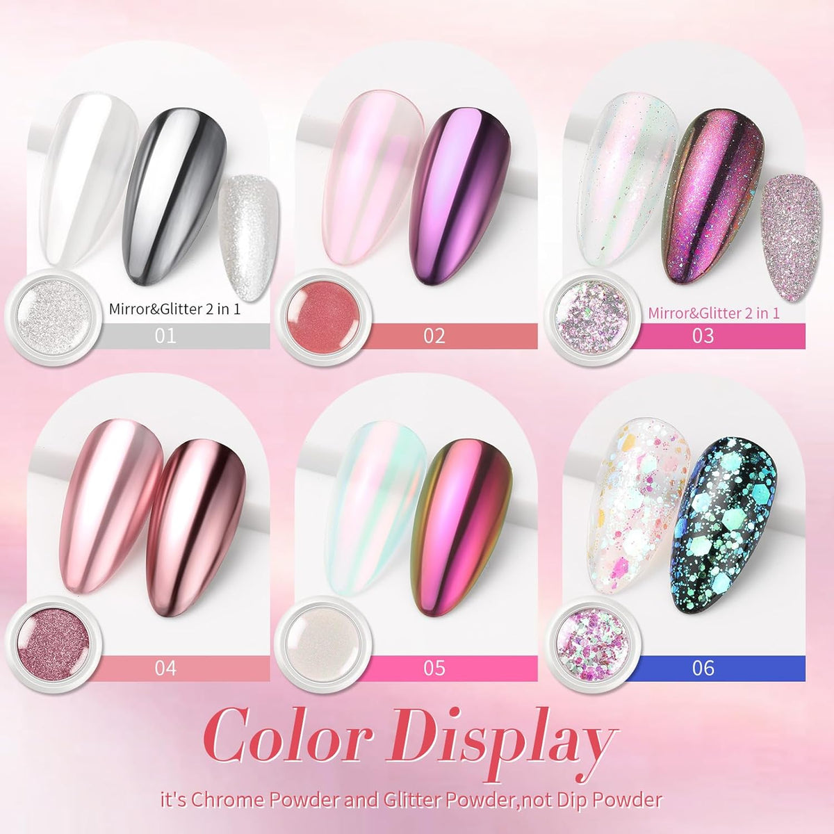 Born Pretty Pink Chrome Nail Powder Metallic Mirror Glitter Sequins Holographic Aurora Pigment