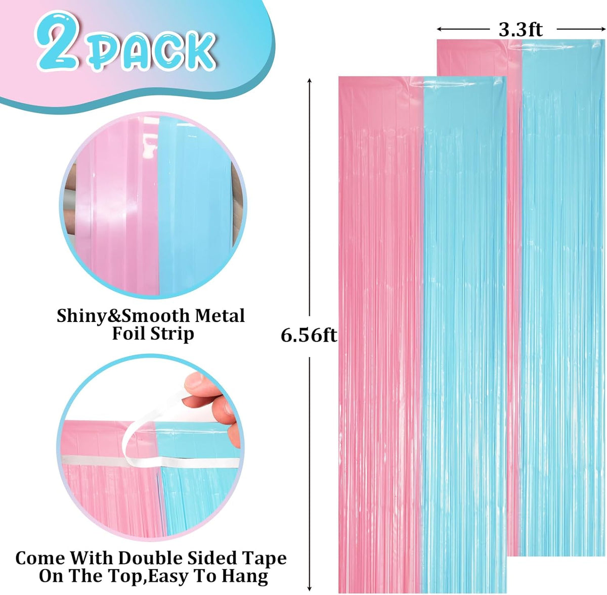 2 Pack Pastel Blue and Pink Foil Fringe Backdrop Curtains, Tinsel Streamers Party Decorations