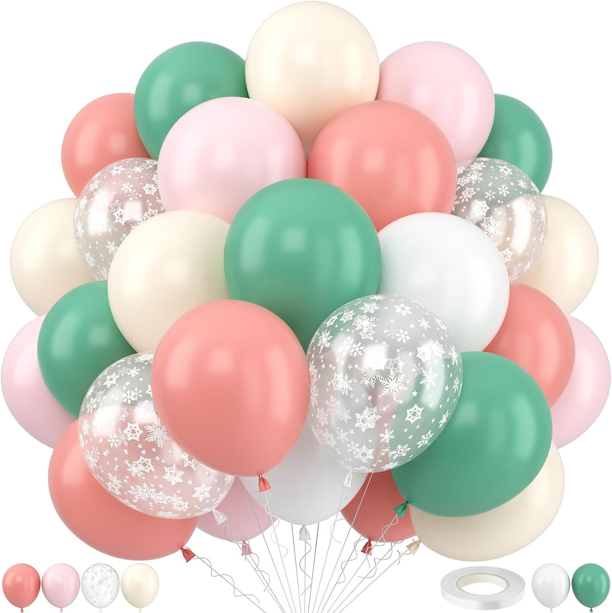 Pink and Green Balloons 60pcs, 12 Inch Sage Olive Green Dusty Light Pink Sand White Snowflake