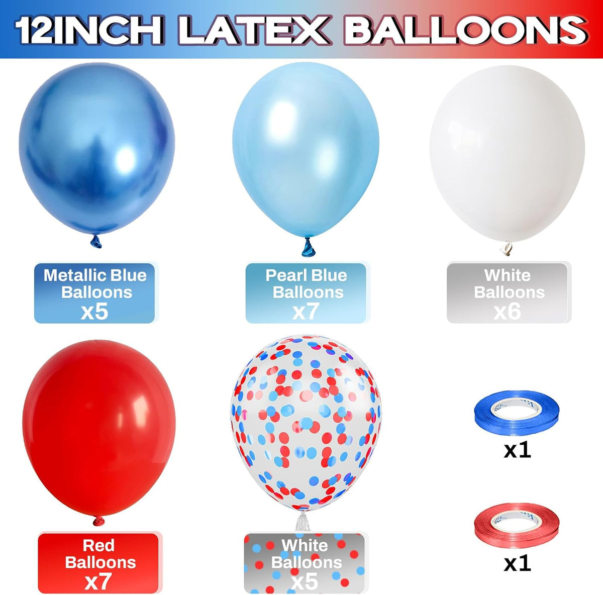 Red White Blue Balloons, 12 Inch Pearl Metallic Blue Red White Confetti Latex Helium Balloon for