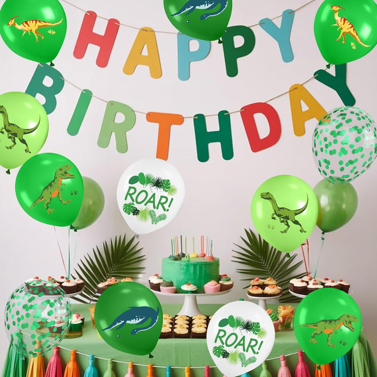 Dinosaur Balloons, 12 Inch Dark Fruit Light Green White Dinosaur Printed Latex Balloons for Boy