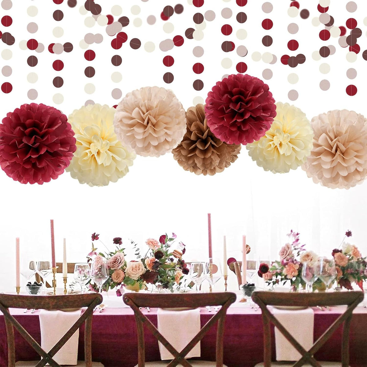Brown Burgundy Champagne-Gold Party-Decorations - 30pcs Rustic Boho Wedding Tissue Pom-Poms