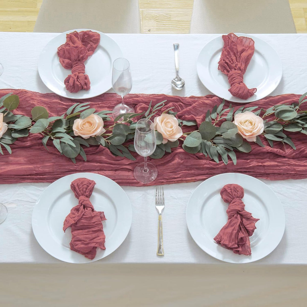 8 Pack 10Ft Table Runner 35x120 inch Dusty Rose Boho Gauze Table Cheese Cloth Long Wrinkled Sheer