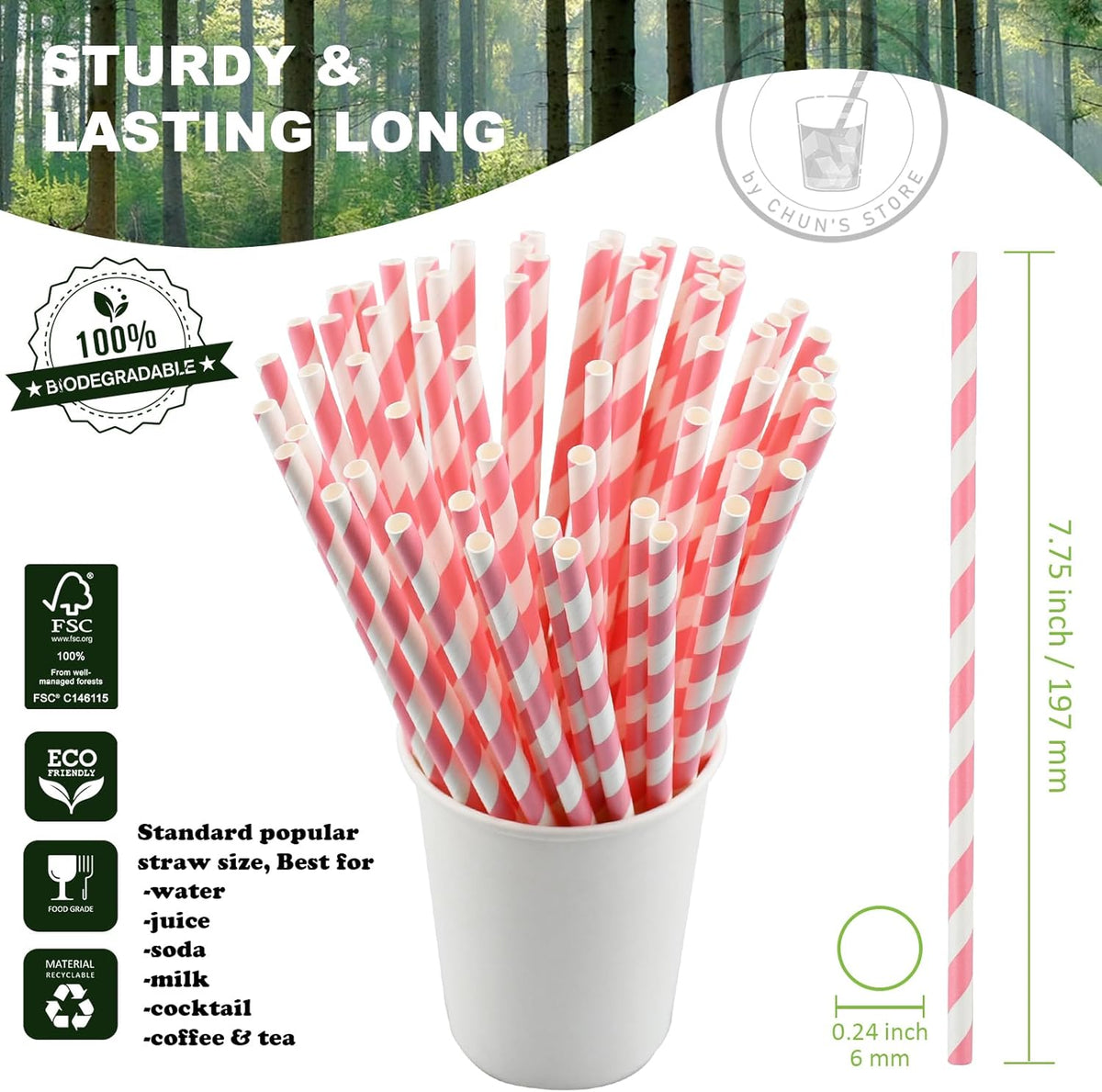 [1000 Count] Chunspak Pink and White Striped Paper Drinking Straws Bulk, 7.75" x0.24", Unwrapped