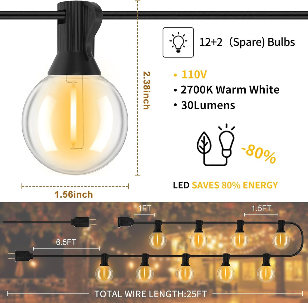 Outdoor String Lights, LED Patio Hanging Lights with Waterproof G40 Globe Plastic Bulbs for Outside
