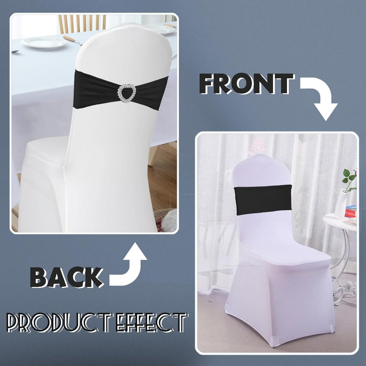 100PCS Spandex Stretch Black Chair Sashes Bows Universal Elastic Chair Cover Bands Ties with Buckle