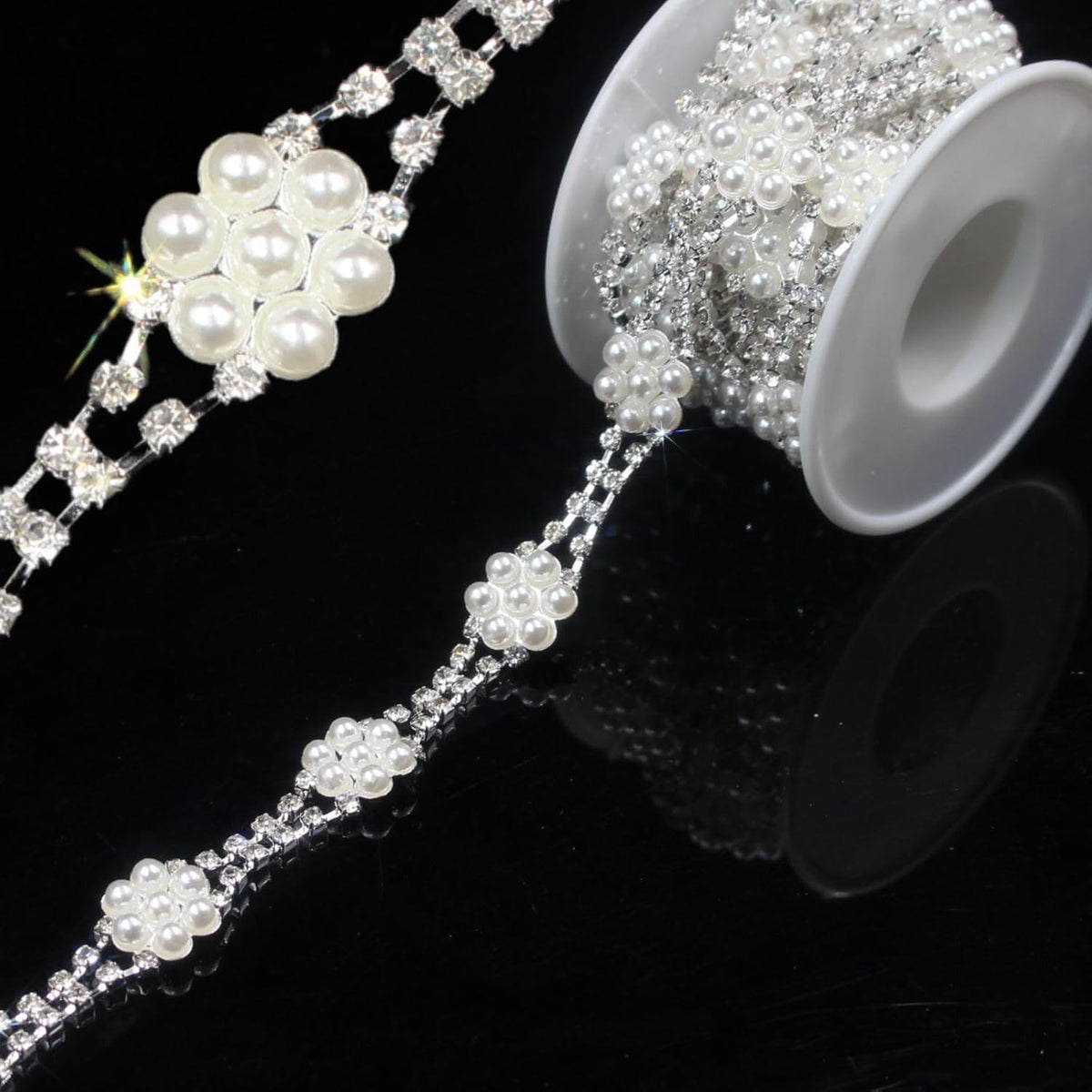 PEARLY JUN 1 Yard Pearl Rhinestone Trim Chain Silver Crystal Fringe Diamond Applique Ribbon String