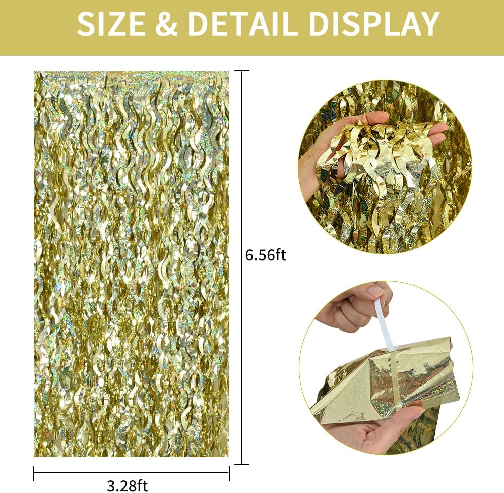 TONIFUL 3Pcs Wavy Metallic Tinsel Foil Fringe Curtains Champagne Gold Streamer Backdrop for Photo