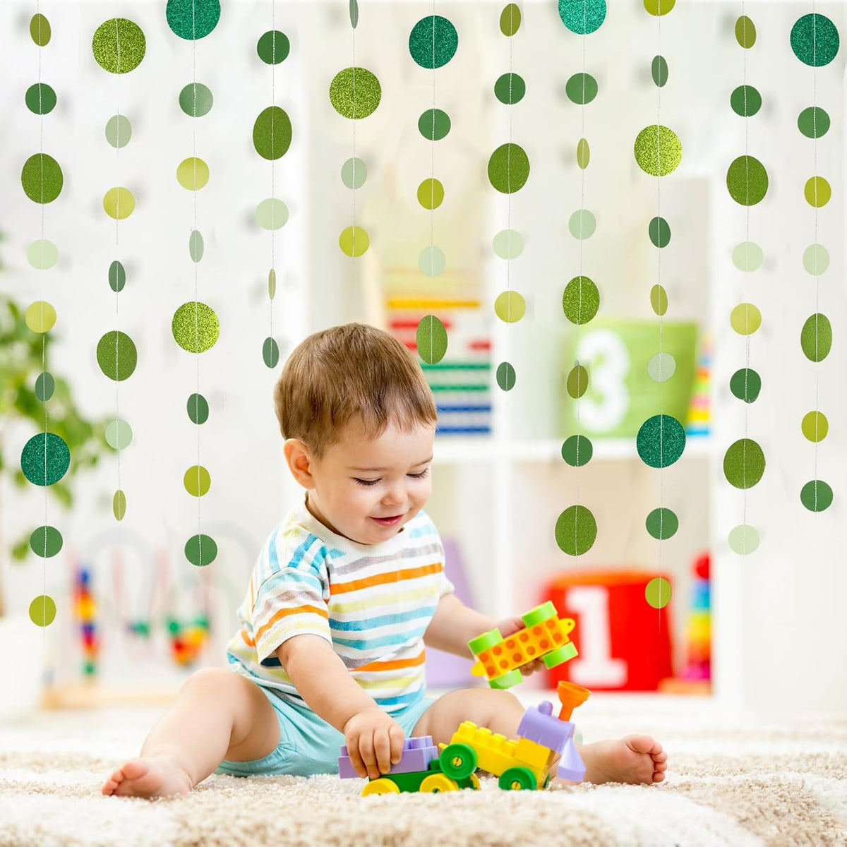 8 Pack Green Glitter Dot Garland, Hanging Circle Streamers Banner, Backdrop Hanging Decorations for