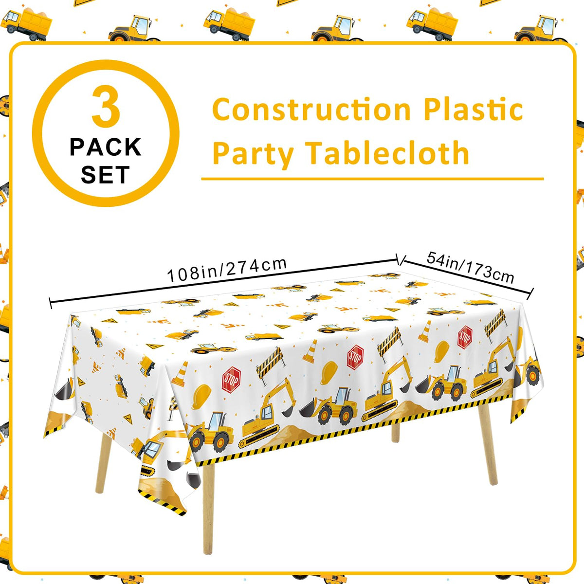 QIYANPAX 3 Pack Construction Plastic Birthday Party Tablecloths, 54 x 108 Inches - Truck Excavator