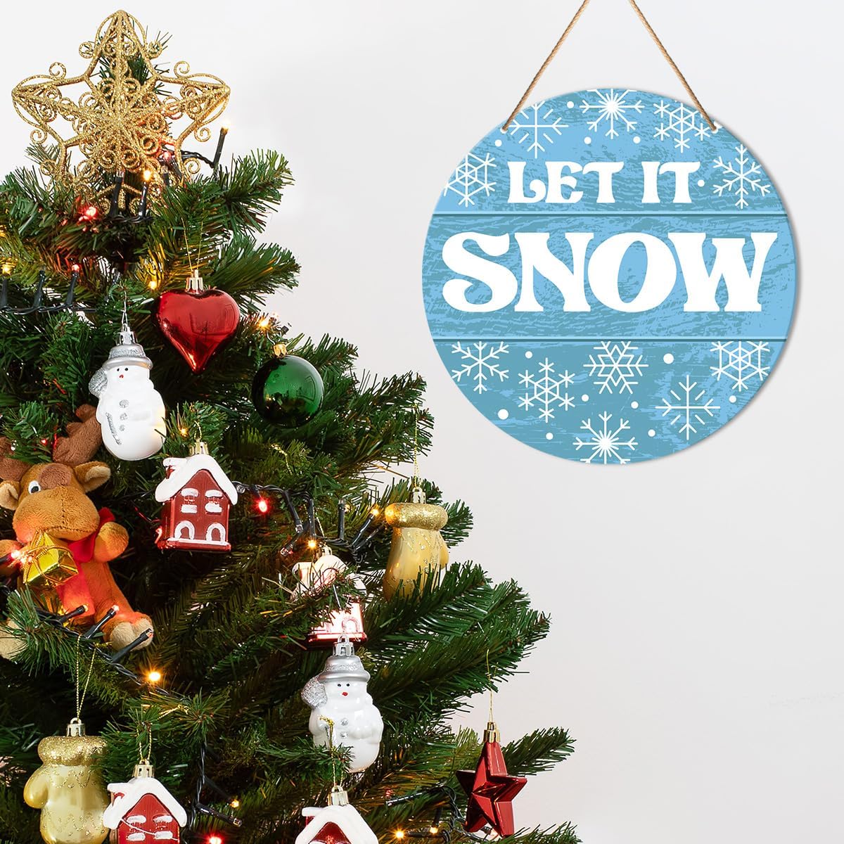 Muktoujaumai Winter Sign Front Door Decor, Christmas Round Hanging Sign Decor Snowflake Xmas