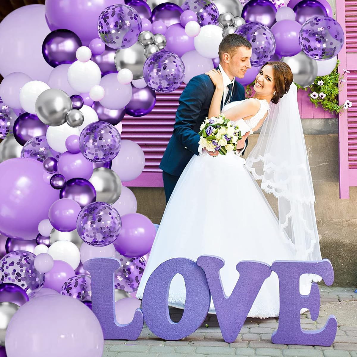 Purple Balloons Garland Arch Kit,144pcs Lavender Purple Pastel Purple Confetti Balloons with Silver